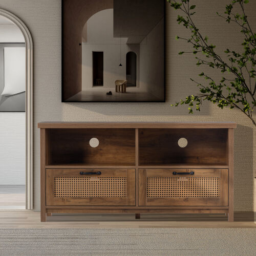  TV cabinet with a maximum size of 55 inches, rattan cabinet door, slide rail design