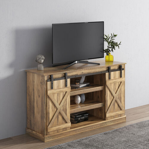 Farmhouse Sliding Barn Door TV Stand for TV up to 65 Inch,Oak