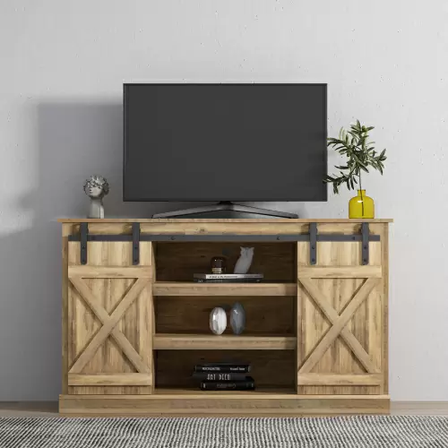 Farmhouse Sliding Barn Door TV Stand for TV up to 65 Inch,Oak