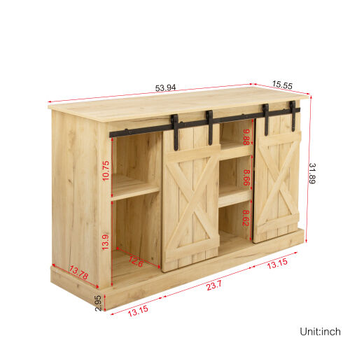 Farmhouse Sliding Barn Door TV Stand for TV up to 65 Inch ,Light Brown