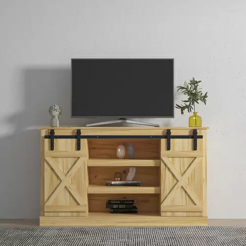 Farmhouse Sliding Barn Door TV Stand for TV up to 65 Inch ,Light Brown