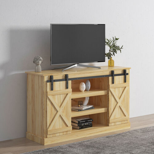 Farmhouse Sliding Barn Door TV Stand for TV up to 65 Inch ,Light Brown