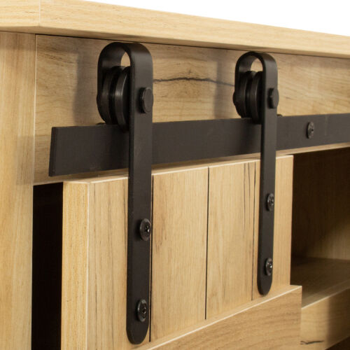 Farmhouse Sliding Barn Door TV Stand for TV up to 65 Inch ,Light Brown