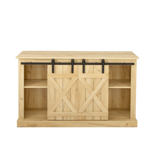 Farmhouse Sliding Barn Door TV Stand for TV up to 65 Inch ,Light Brown