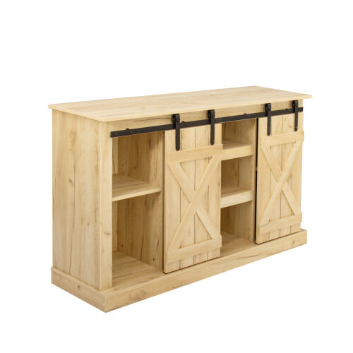 Farmhouse Sliding Barn Door TV Stand for TV up to 65 Inch ,Light Brown