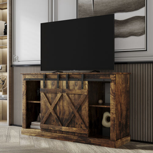 Farmhouse Sliding Barn Door TV Stand for TV up to 65 Inch,Rustic Dark Oak