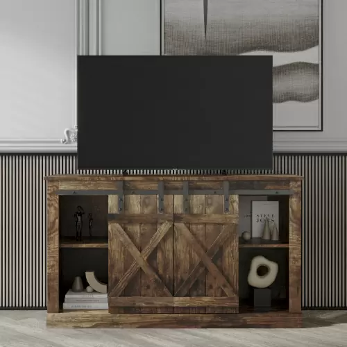 Farmhouse Sliding Barn Door TV Stand for TV up to 65 Inch,Rustic Dark Oak
