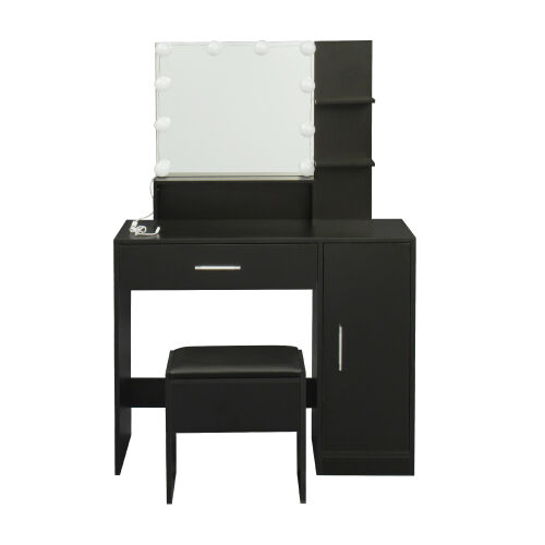 Rectangular Makeup Table with Mirror, Open Shelves ,for Bedroom, Black
