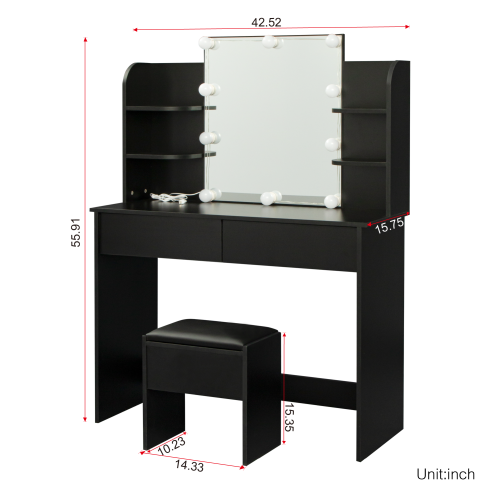 Rectangular Makeup Table with Mirror, 10-lamp bulb,for Bedroom, Black