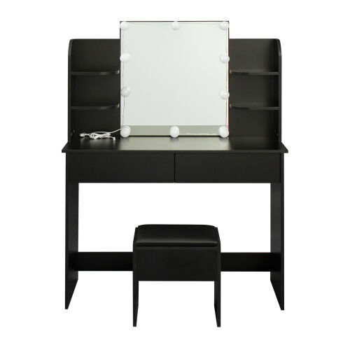 Rectangular Makeup Table with Mirror, 10-lamp bulb,for Bedroom, Black