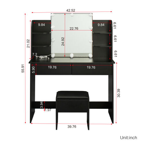 Rectangular Makeup Table with Mirror, 10-lamp bulb,for Bedroom, Black