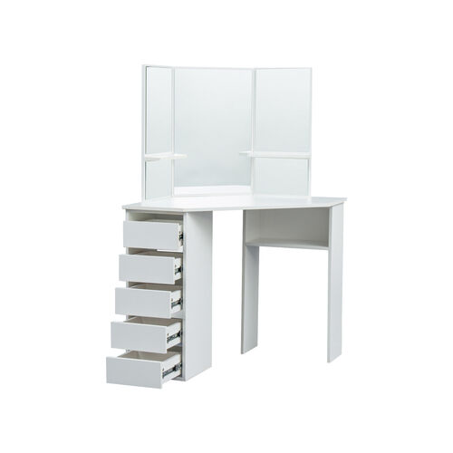 Corner Dressing Table with Three-Fold Mirror and 5 Drawers Wooden  (White)