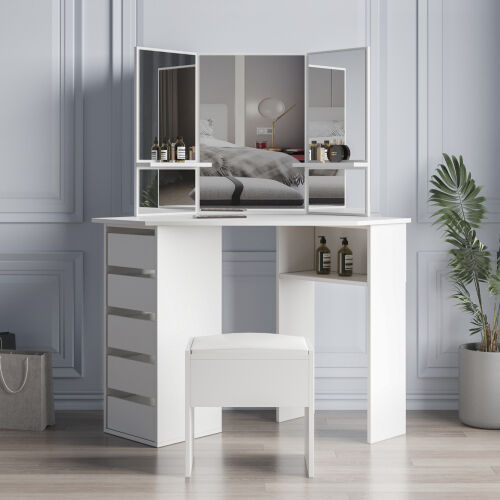 Corner Dressing Table with Three-Fold Mirror and 5 Drawers Wooden  (White)