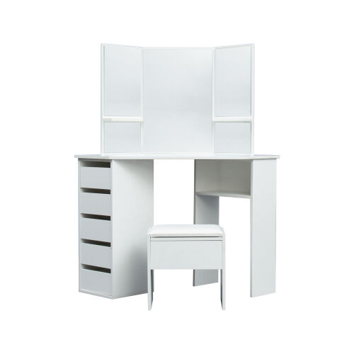 Corner Dressing Table with Three-Fold Mirror and 5 Drawers Wooden  (White)