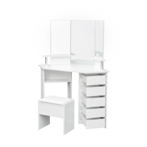 Corner dressing table with three-fold mirror and 5 rotary drawer Wooden (White)