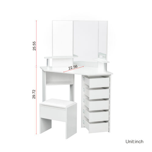 Corner dressing table with three-fold mirror and 5 rotary drawer Wooden (White)