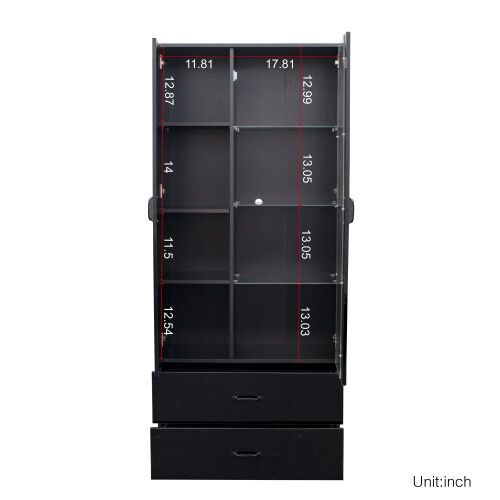 Side cabinet with shelving, drawers, black side cabinet for clothing