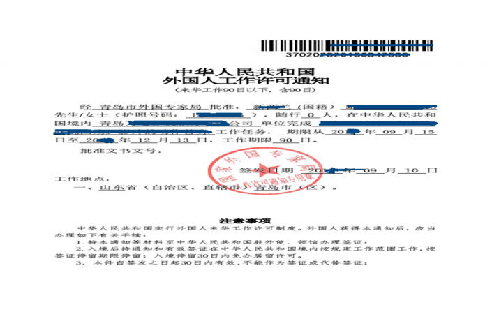 Chinese Short Term Work Visa