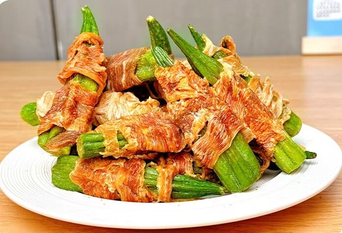 Chicken and duck wrapped with okra