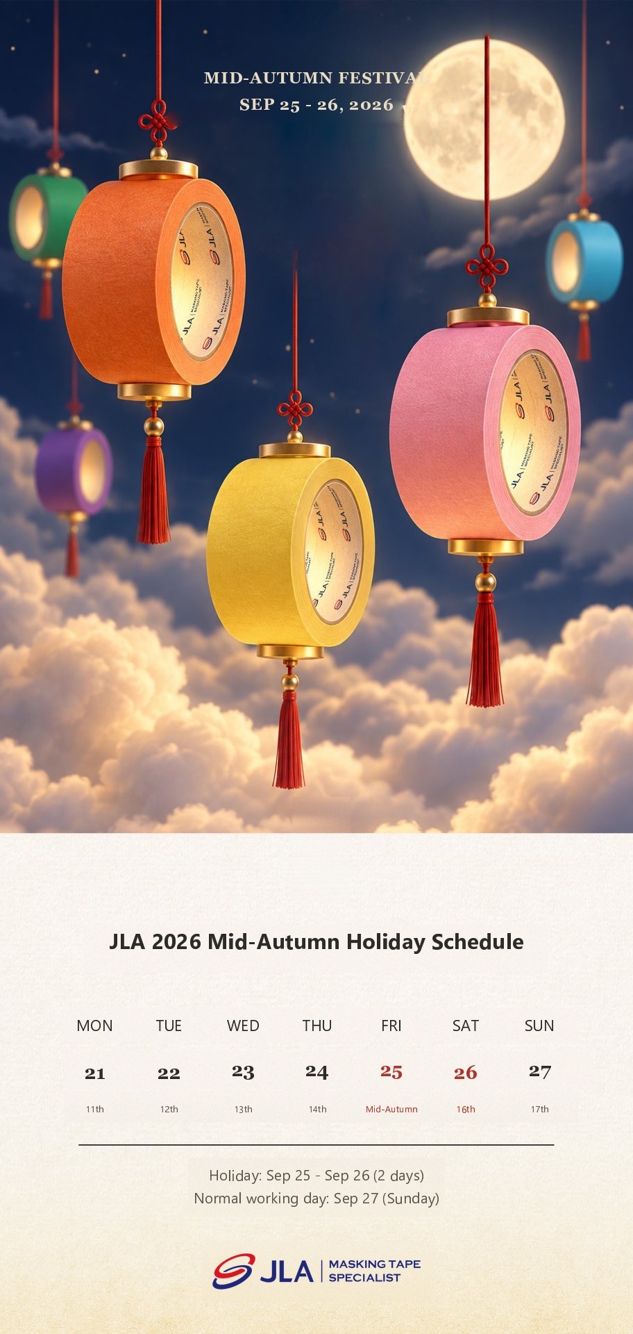 中秋英文海报 JLA 2026 Mid-Autumn & National Day Holiday Notice