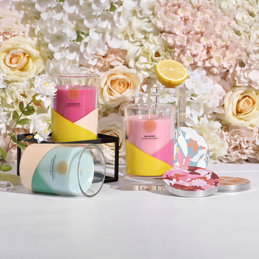 private label decal custom glass jar soy essential oil fragrance candle with metal lid