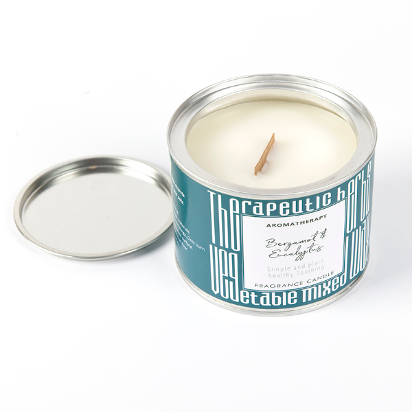 Wholesale White Wooden Wick Essential Scented Soy Wax Tin Candle