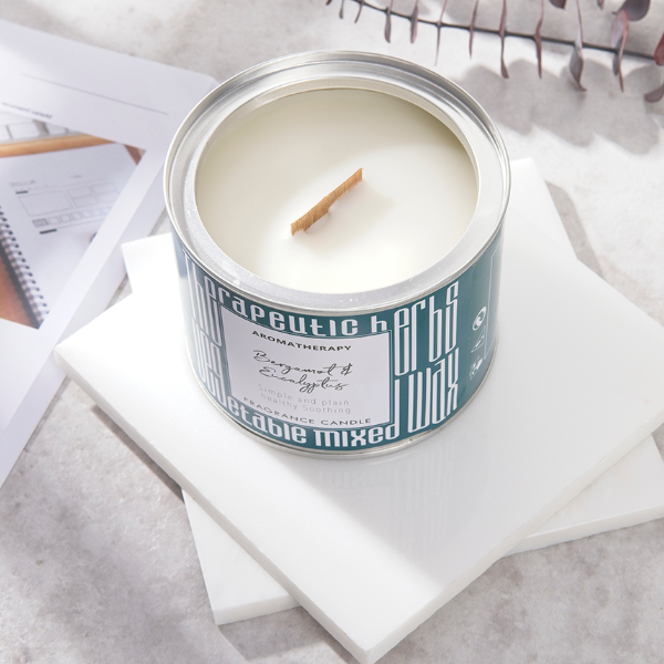 Wholesale White Wooden Wick Essential Scented Soy Wax Tin Candle