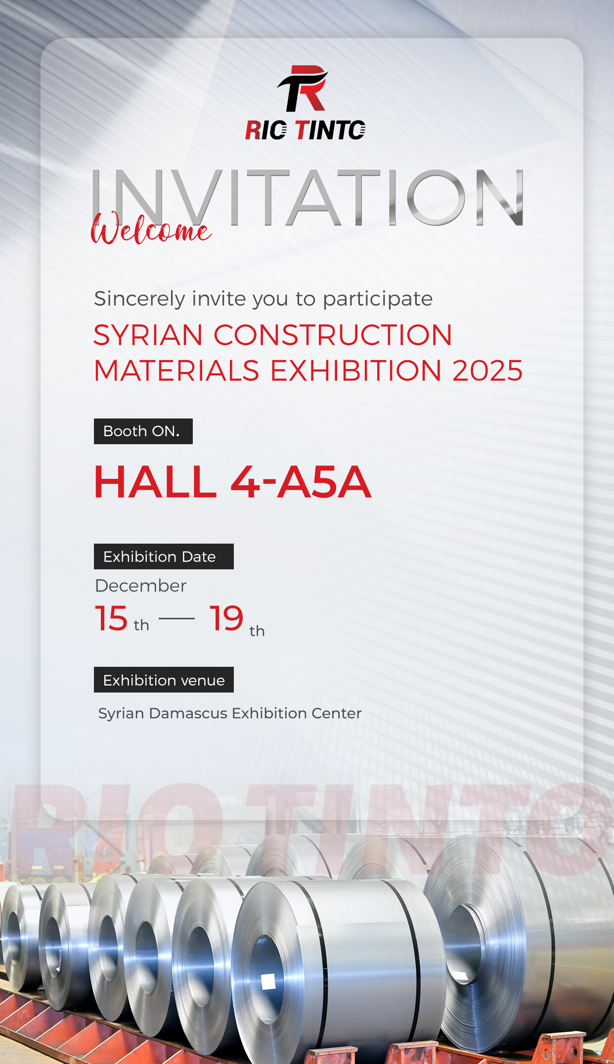 Syria Building Materials Exhibition 2025: RIC TINTC, a rising force in building materials, contributes to regional reconstruction, showcasing its premium steel products in Damascus.