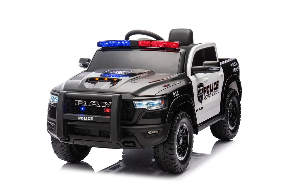 DODGE RAM Police Car Ride on 12V Electric Car for Kids Battery Powered Ride-on Toys Cop Cars with Remote Control, Siren, Flashing Lights, Music, Blueooth, Spring Suspension,