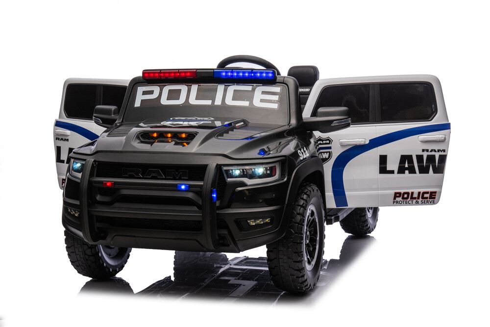 RAM Licensed Police Car 4X4 Ride on Electric Car for Kids,24V Battery Powered Ride-on Toys Cop Cars with Remote Control, Siren with Flashing Lights, Music, Spring Suspension,Bumper Guard,Openable Trunk