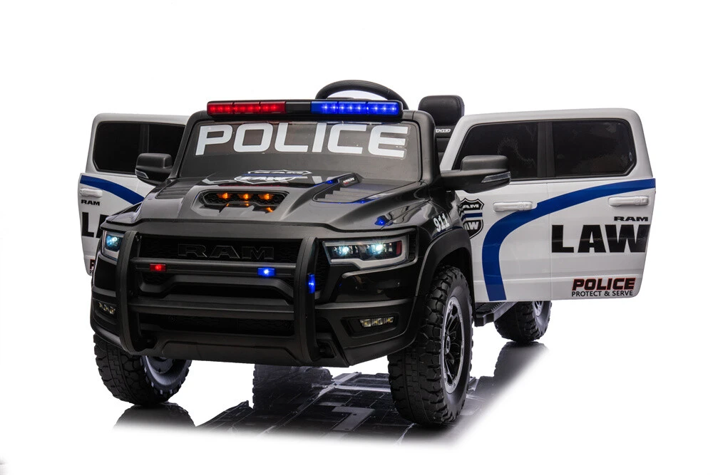 RAM Licensed Police Car 4X4 Ride on Electric Car for Kids, 24V Battery Powered Ride-on Toys Cop Cars with Remote Control, Siren with Flashing Lights, Music, Spring Suspension, Bumper Guard, Openable Trunk 4