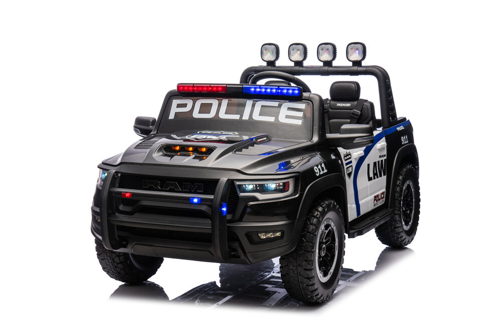 RAM Police Cars for Kids Electric Car 24V Childrens Powered Ride Ons for Toddlers Cop Cars with Parental Remote Control, Siren, Flashing Lights, Music,Bumper Guard,Openable Trunk,Spotlights and Frame,