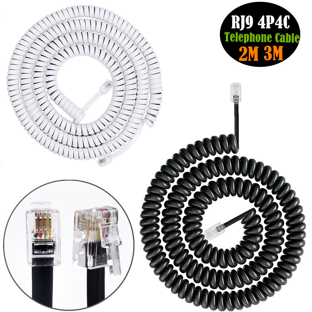 Ethernet Extension Cable Handset Black Curly Cord Phone Cord Landline Uncoiled Coiled Landline Telephone Handset Cord Line Cable RJ9 4P4C Telephone Accessory  2m/3m