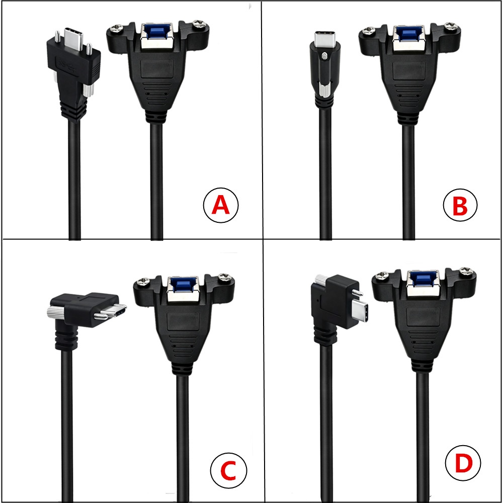 Right Angle Locking Type-C Male to USB3.0 B Female Panel Mount Cable,  Dual Screw Lock USB 3.0 Type C Panel Extension Cord for Industrial PC