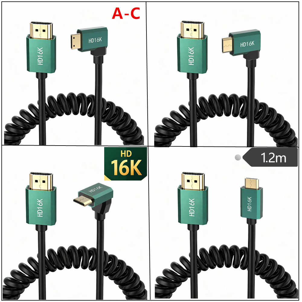 16K HDTV Male to HDMI Mini Spring Retractable Cable with 90 Degree Connector Mini Camera Connection Cable