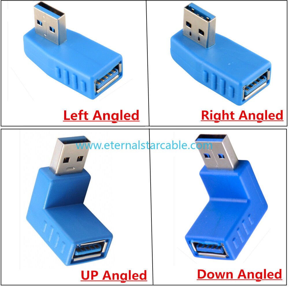 Stock Black Blue PVC USB 3.0 Adapter 90 Degree Male to Female Coupler Connector Plug Left Angle and Right Angle