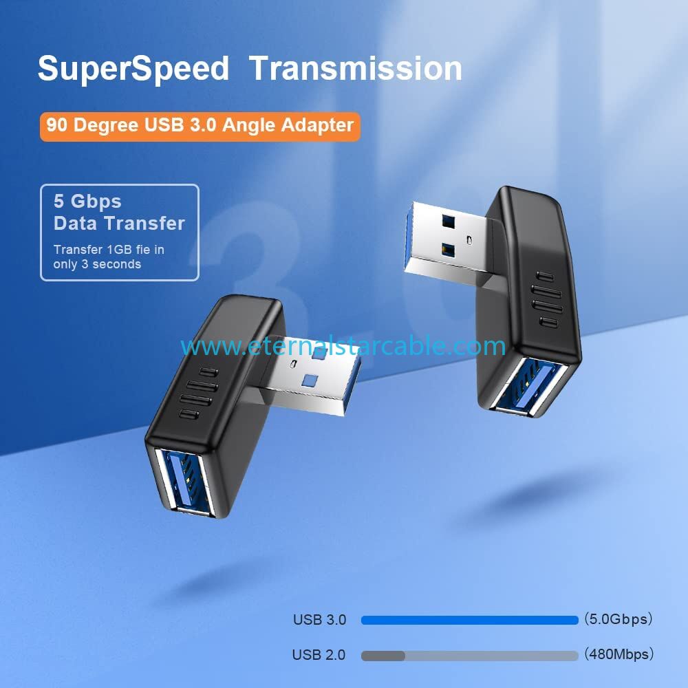 Stock Black Blue PVC USB 3.0 Adapter 90 Degree Male to Female Coupler Connector Plug Left Angle and Right Angle