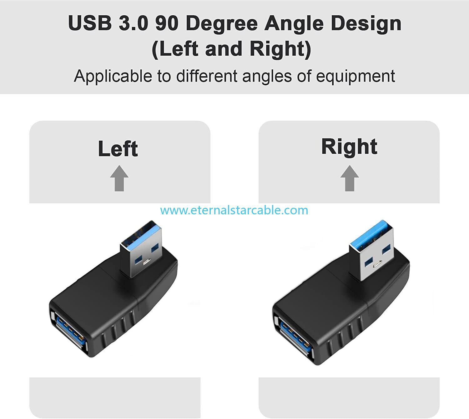 Stock Black Blue PVC USB 3.0 Adapter 90 Degree Male to Female Coupler Connector Plug Left Angle and Right Angle