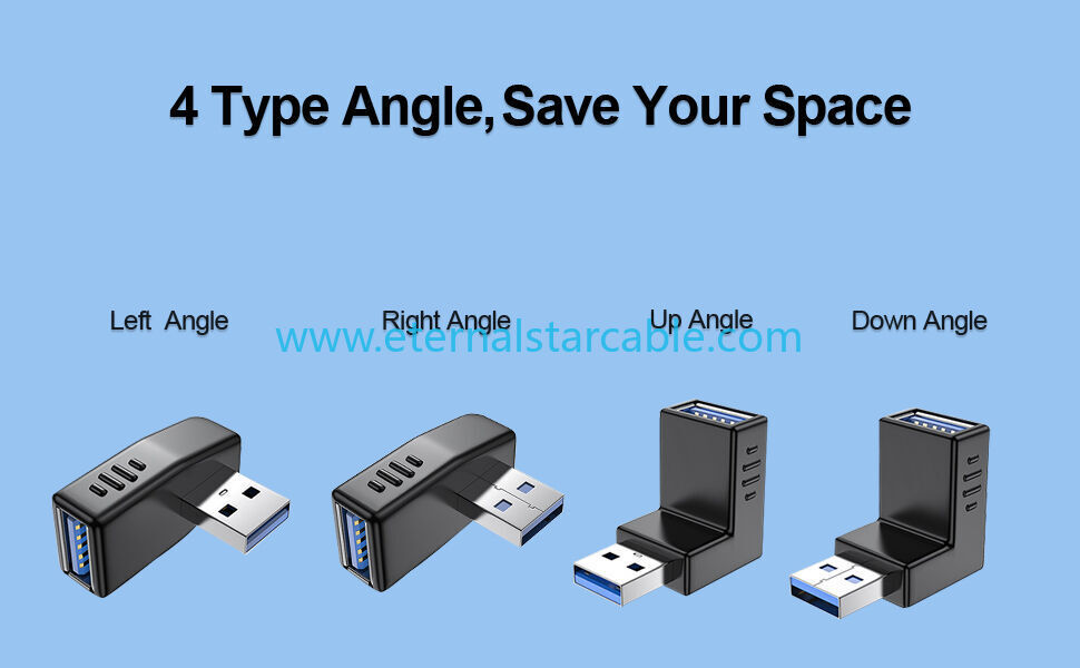 Stock Black Blue PVC USB 3.0 Adapter 90 Degree Male to Female Coupler Connector Plug Left Angle and Right Angle