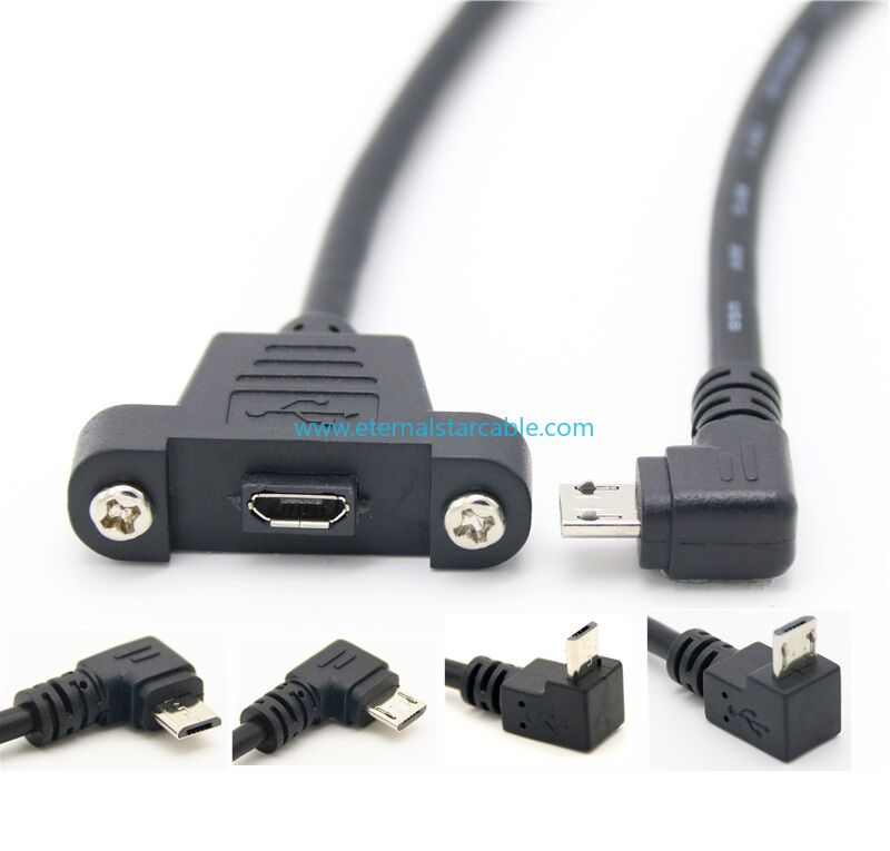 Micro USB Extension Cable, 90 Degree Right Angle Micro USB Male to Micro USB Female Power Extension Panel Mount Type Cable