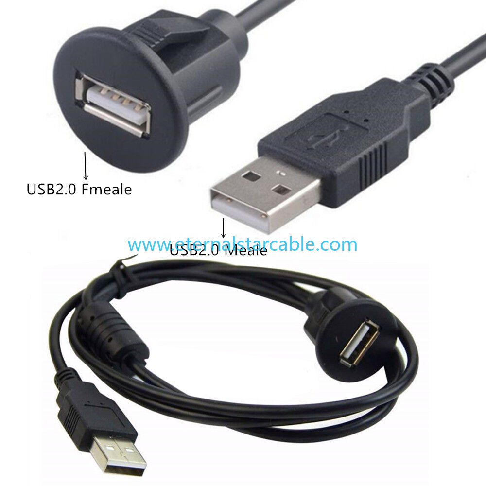 USB 2.0 Flush Mount Cable, Round Single Port USB Male to Female Car AUX Mount Flush Panel Extension Cable for Car Truck Boat Motorcycle Dashboard 6ft