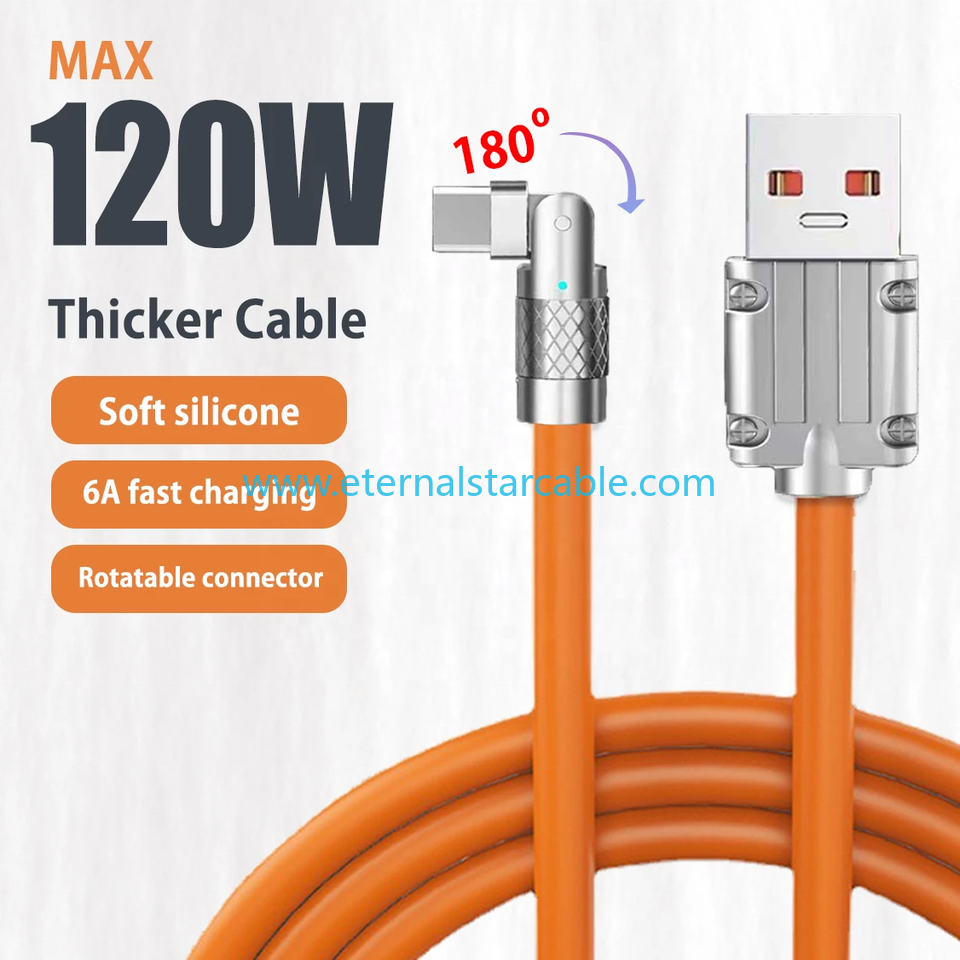 120W 6A Gaming 180 Rotating Super Fast Charge Cable Mobile game Type-C Charger Liquid Silicone Cable For Xiaomi iPhone
