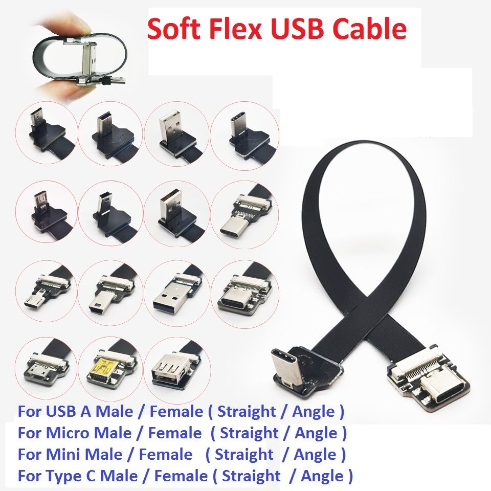 Black FFC USB C FPV Flat Slim Thin Ribbon FPC Cable USB Type-C 90 Degree to USB A for sync and Charging