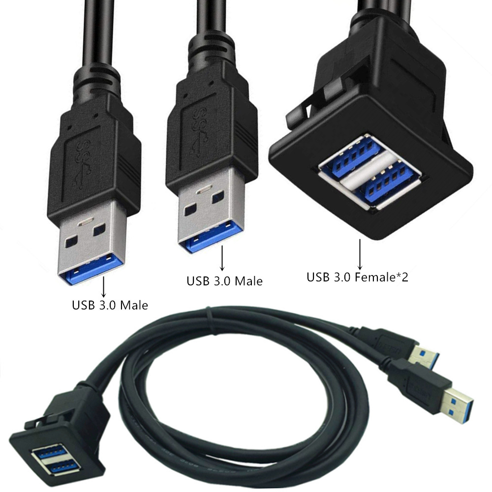 Flush Mount USB Dock Adapter Dashboard Panel 3.0 Port Male to Female Cable