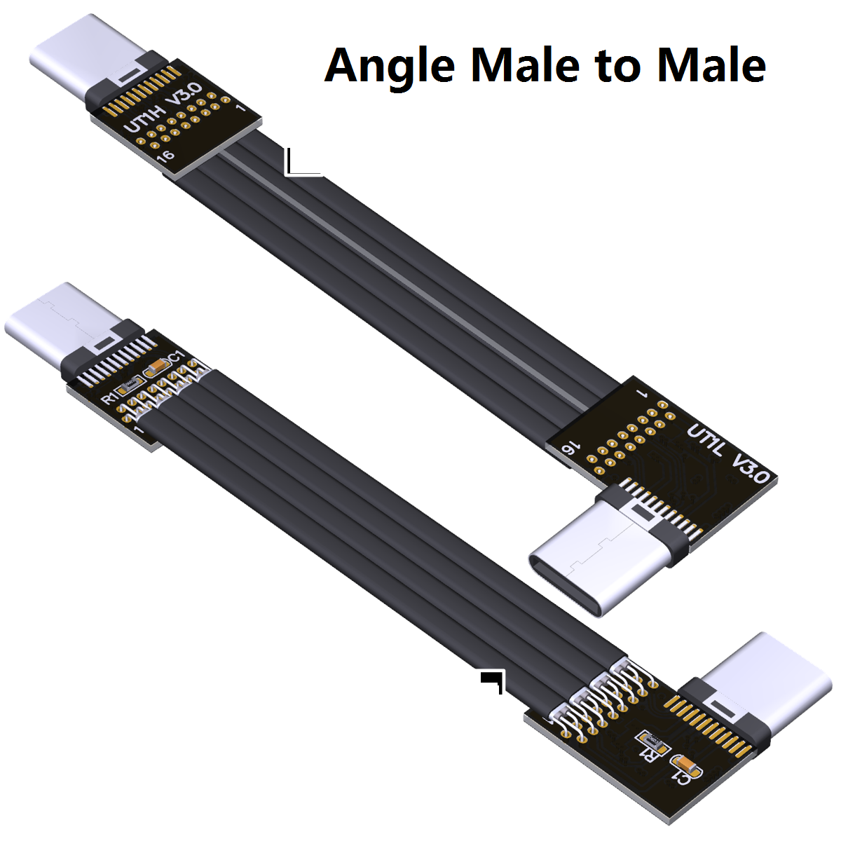 USB3.1 flat thin Type-C 90-degree angled charging and data cable with shielding and support for high current.