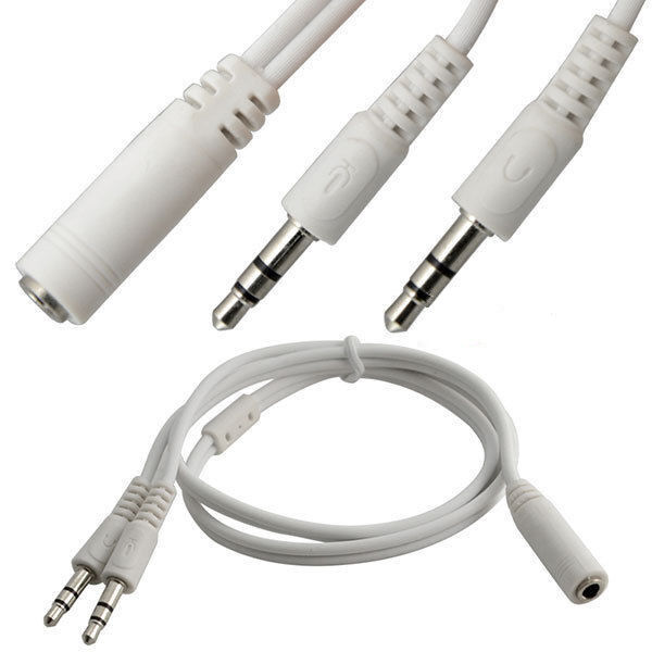 White 3.5mm 2 Male Plug to 1 Female Jack Audio Stereo Headset Mic Splitter Cable