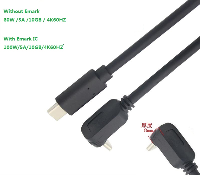 TPE USB3.1 Type-C 90 degree angled connector with a slim design features a standard 16-pin configuration and is equipped with an Emark chip for 10GB data transfer speeds.