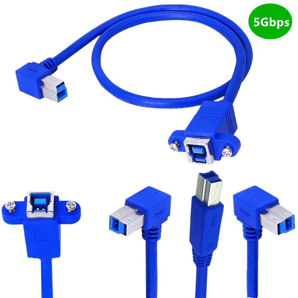 Blue USB 3.0 90 Degree Angled Printer Cable Micro B Female With Locking Screws