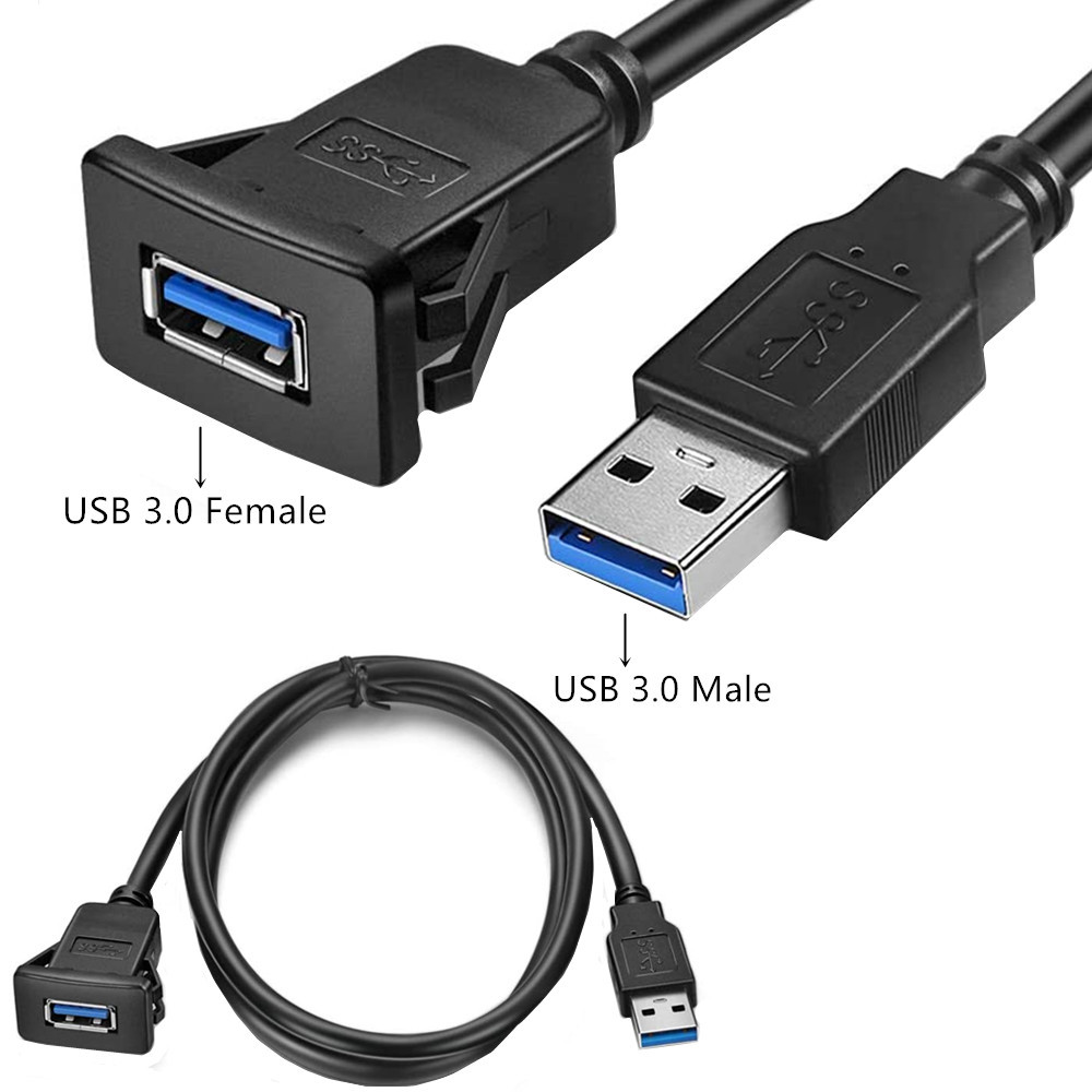 Square Single Port USB 3.0 Panel Flush Mount Extension Cable with Buckle for Car Truck Boat Motorcycle Dashboard 3ft