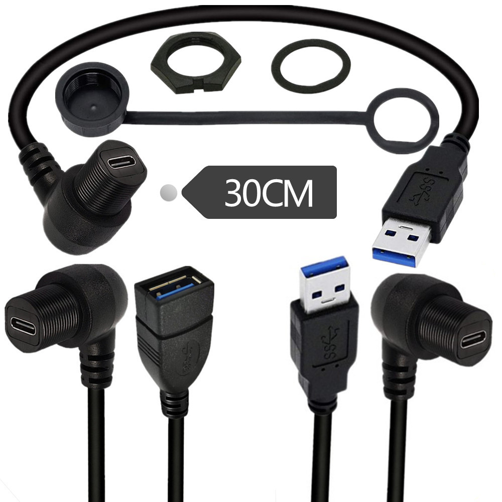 90 Degree Angle USB C 3.1 Panel Mount Flush Waterproof Cable USB A to USB C converter